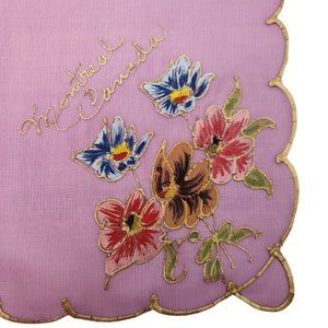 Vintage Montreal Canada Hankie Handkerchief Souvenir Handpainted Pansies Flowers